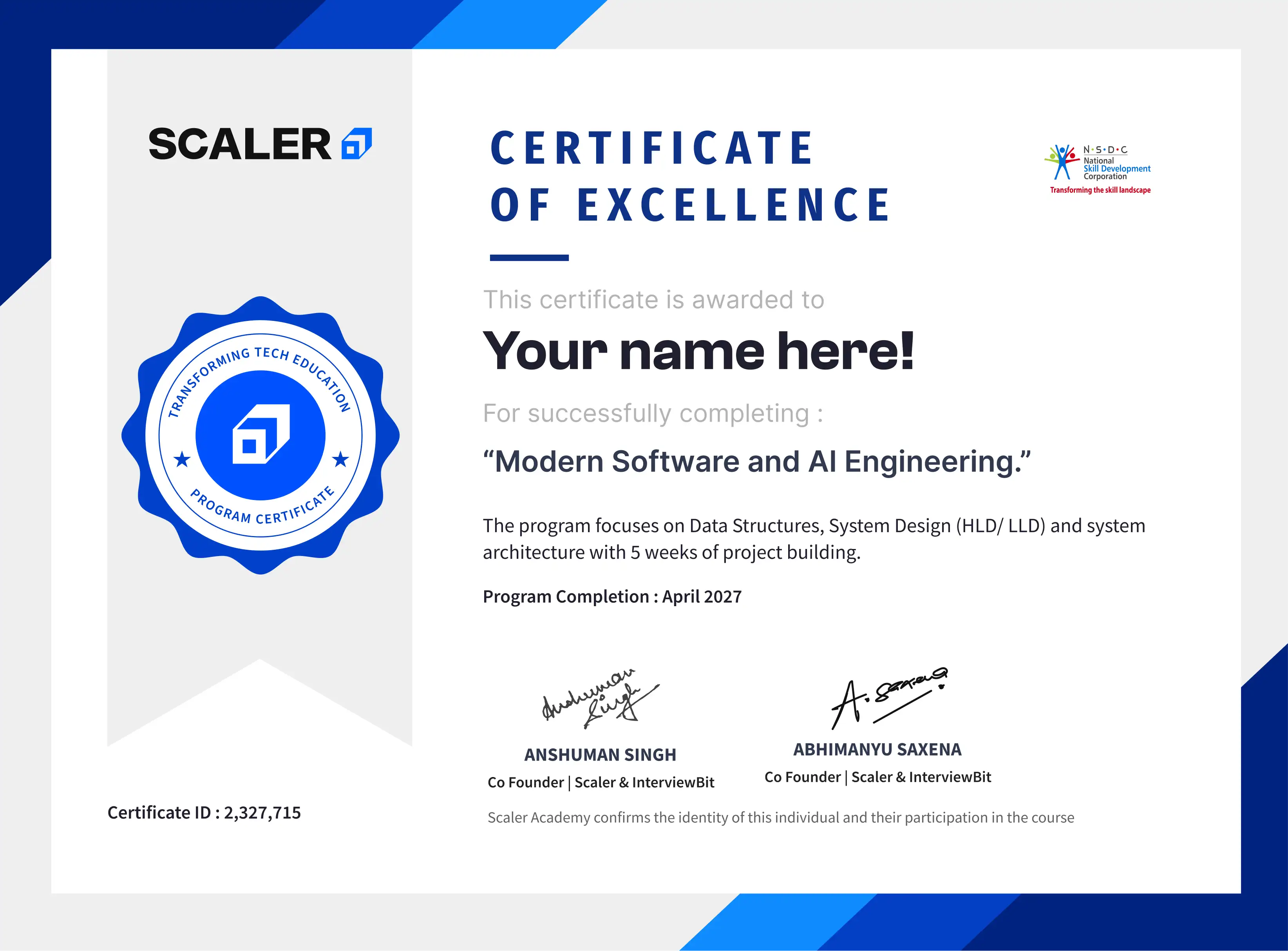 Scaler Academy program completion certificate