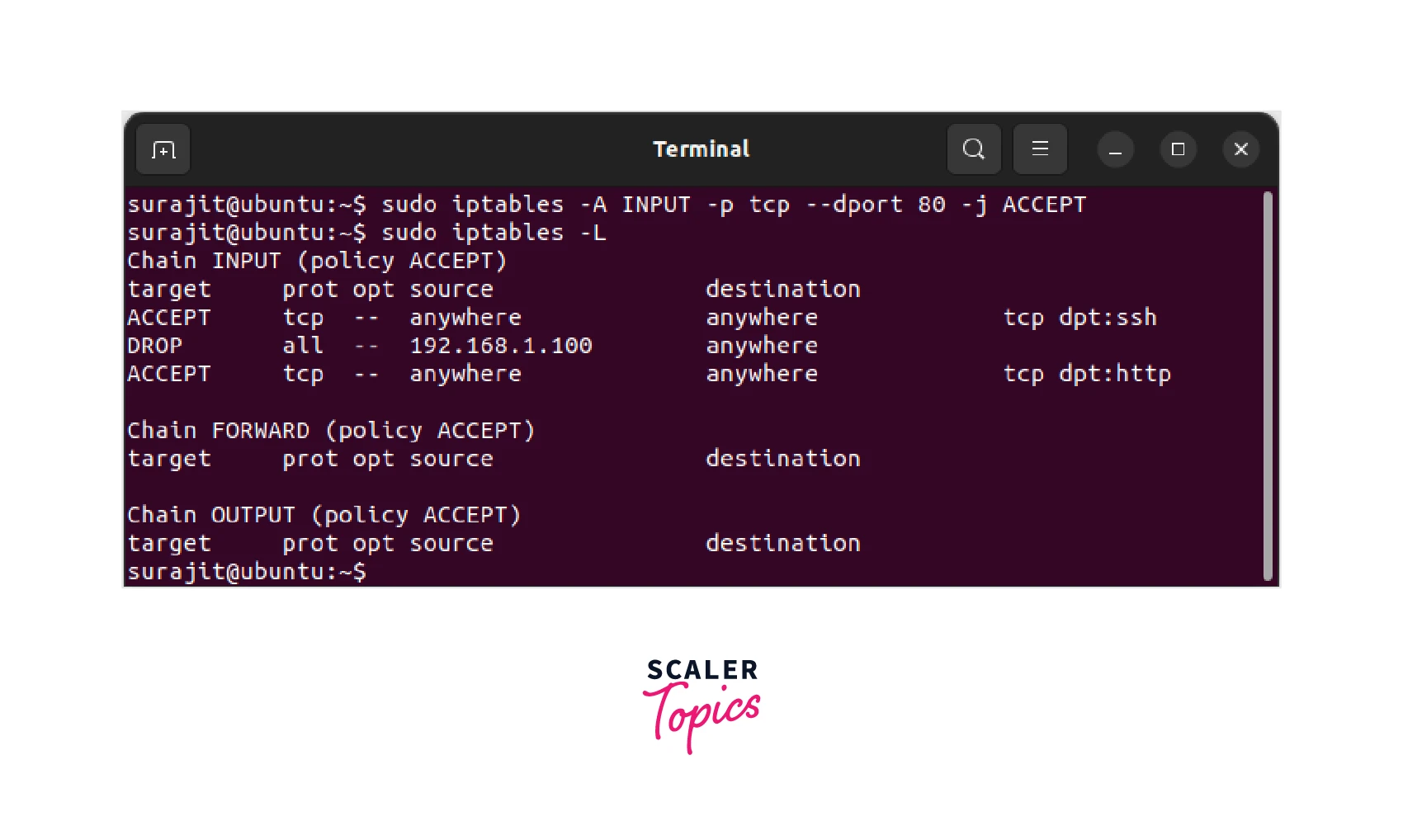 application of ACCEPT rule in iptables and its status