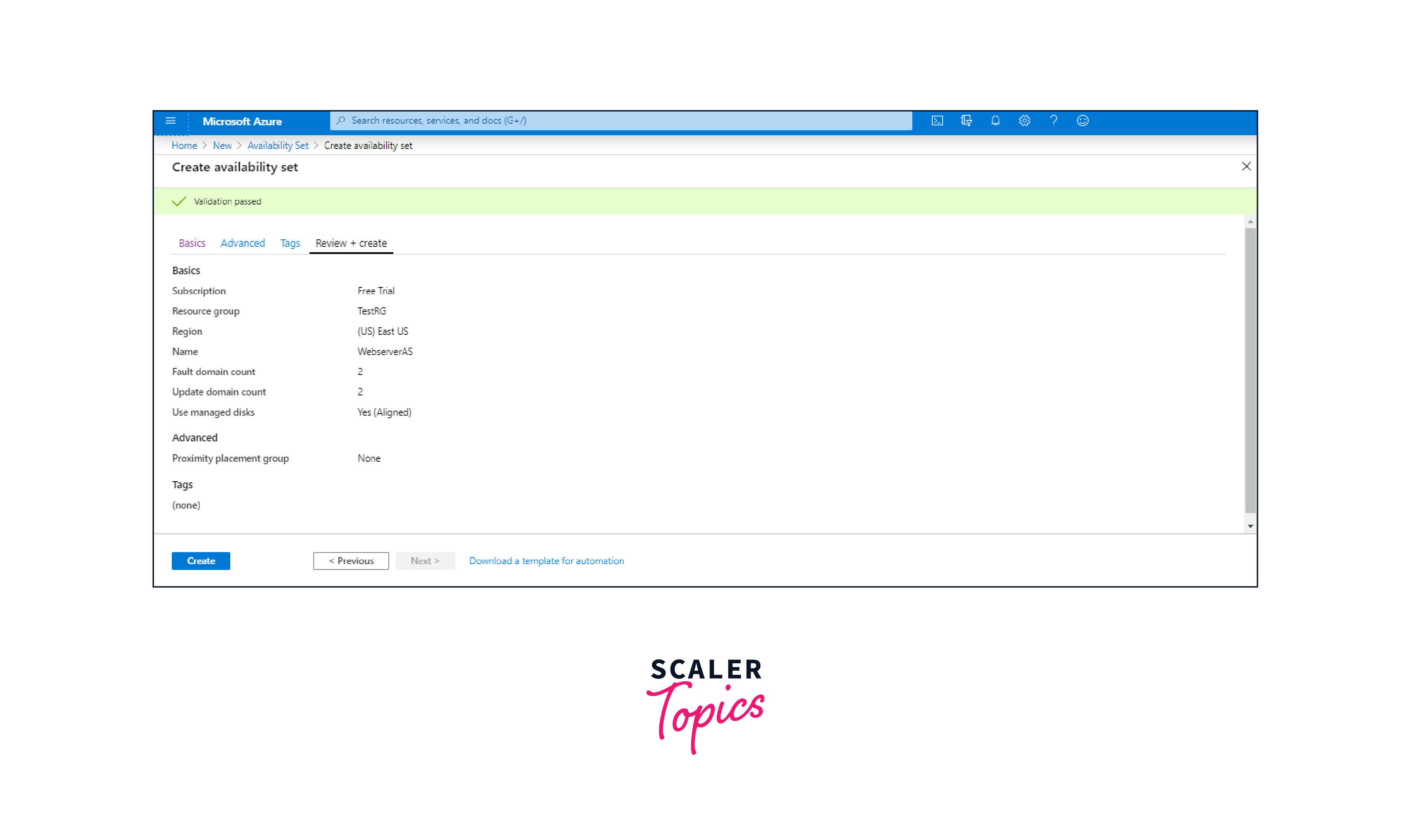 availability set creation page