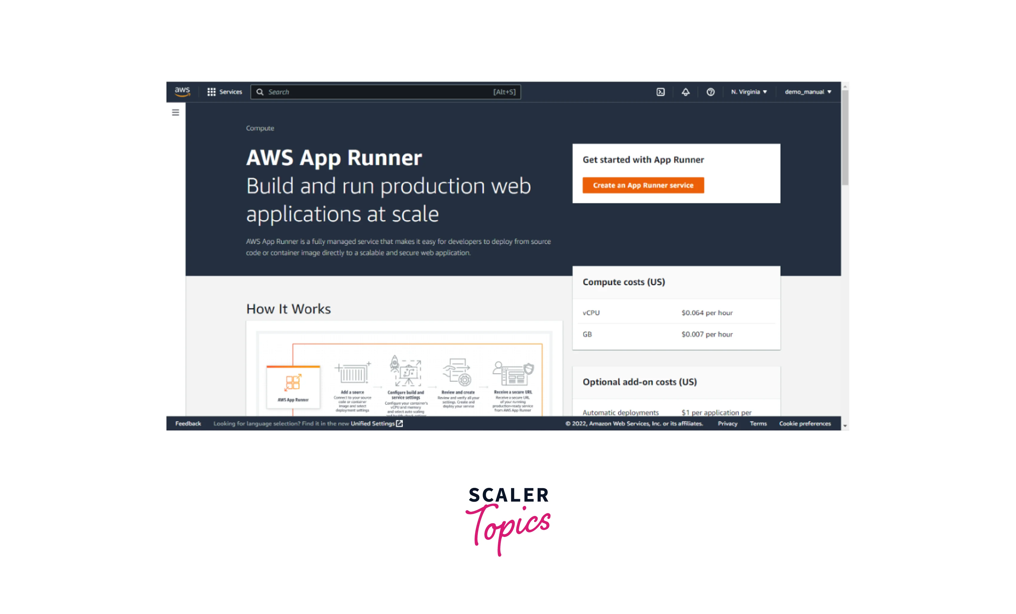 aws app runner service console page