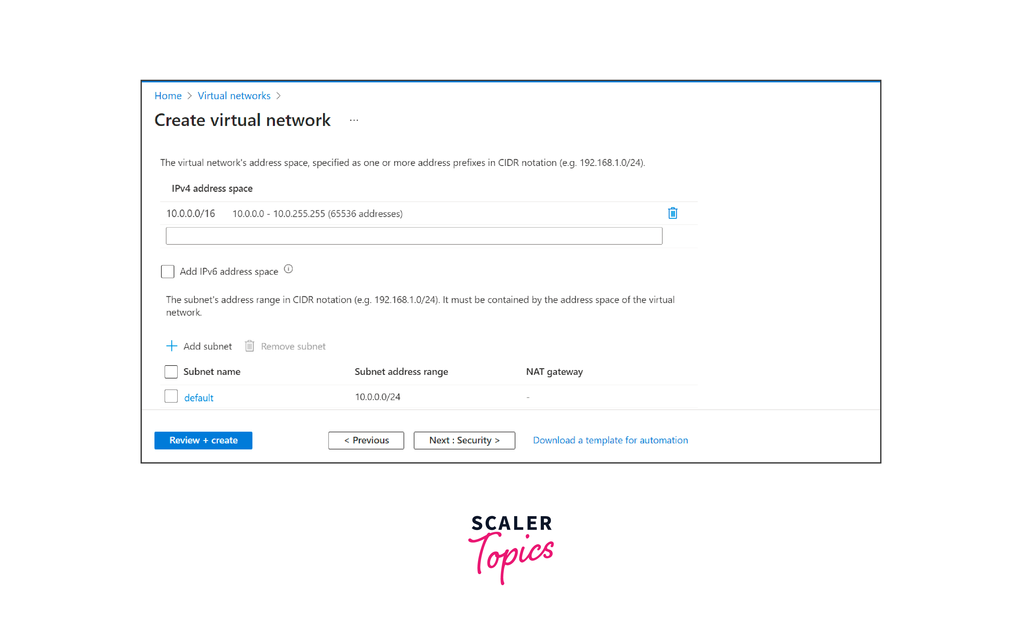 Azure Virtual Network creation page