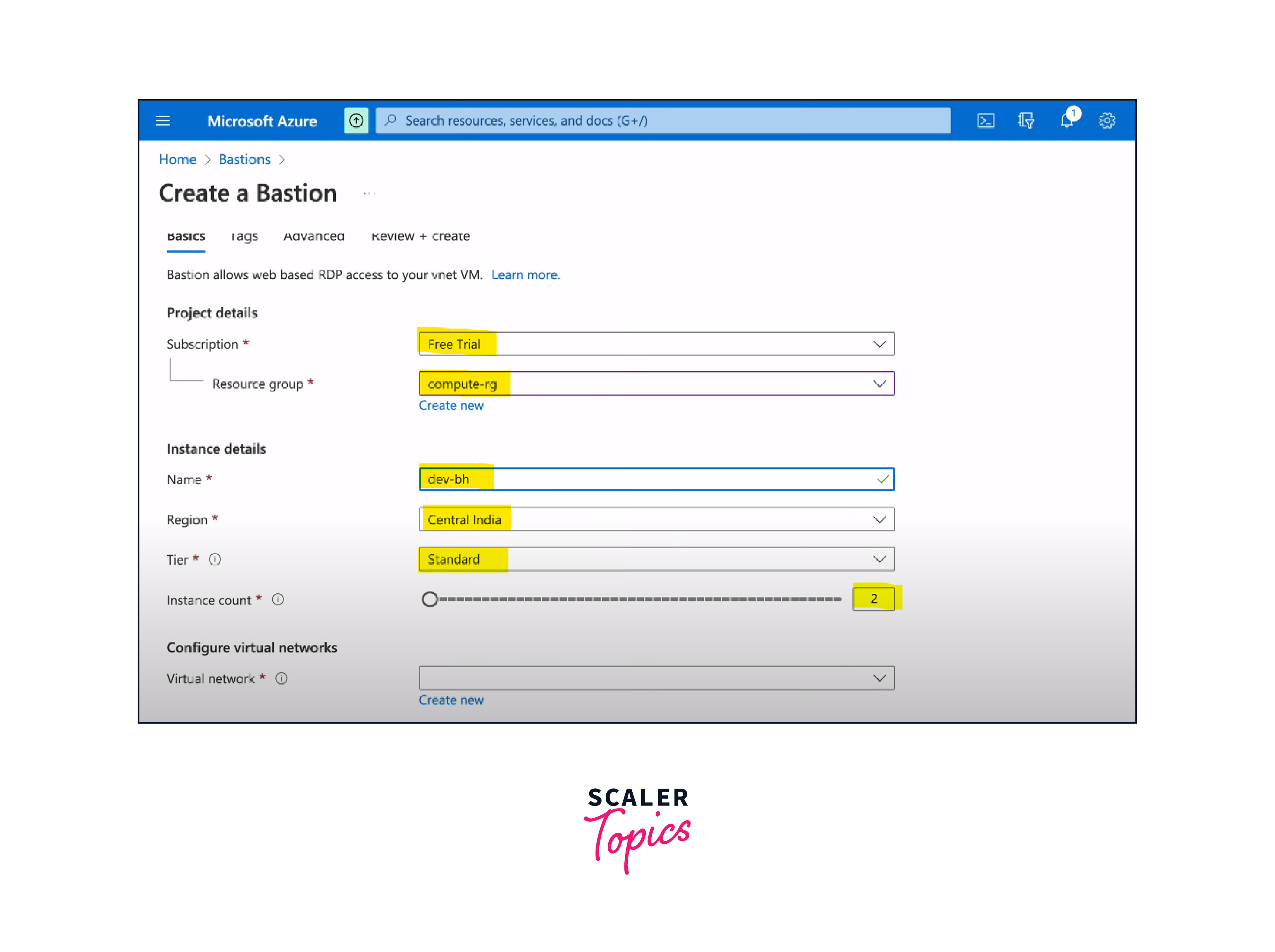 basic configuration of azure bastion