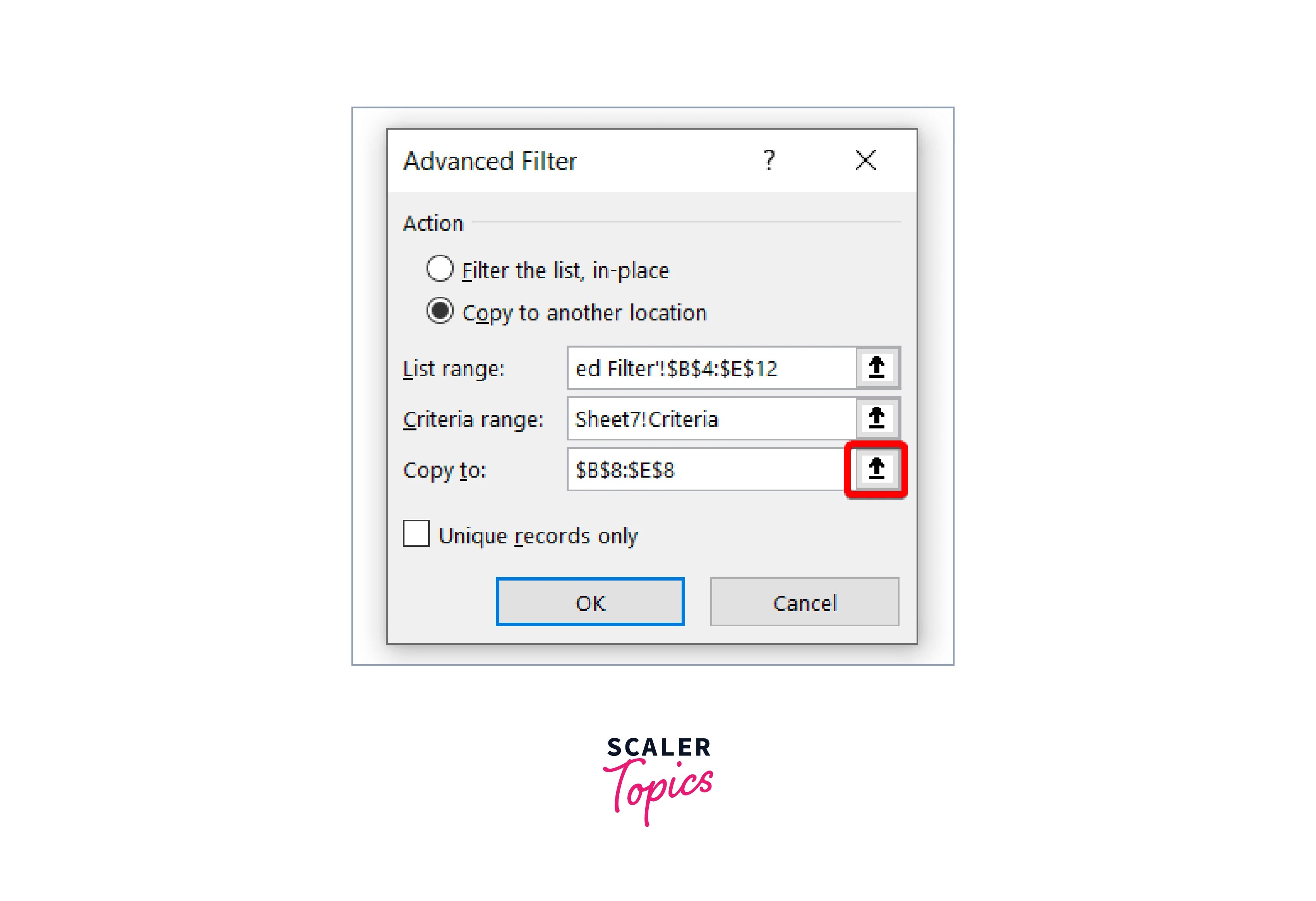 click on the up arrow key at the Copy to bar at the end of Advanced Filter