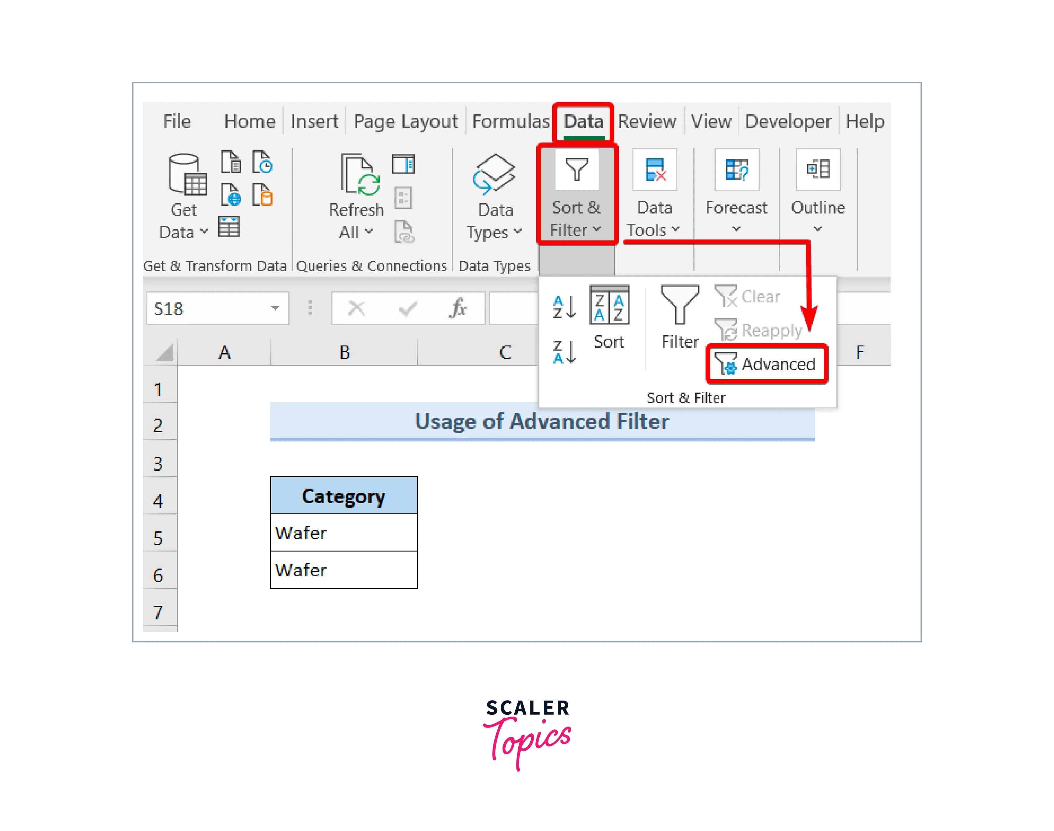 go to options data sort an filter advanced