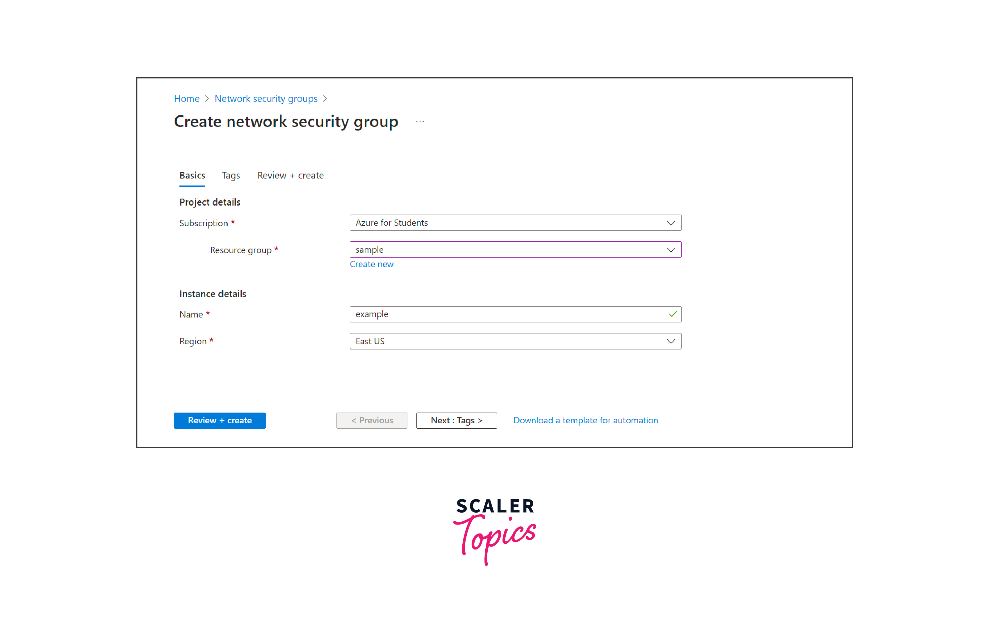 Network Security Group creation page