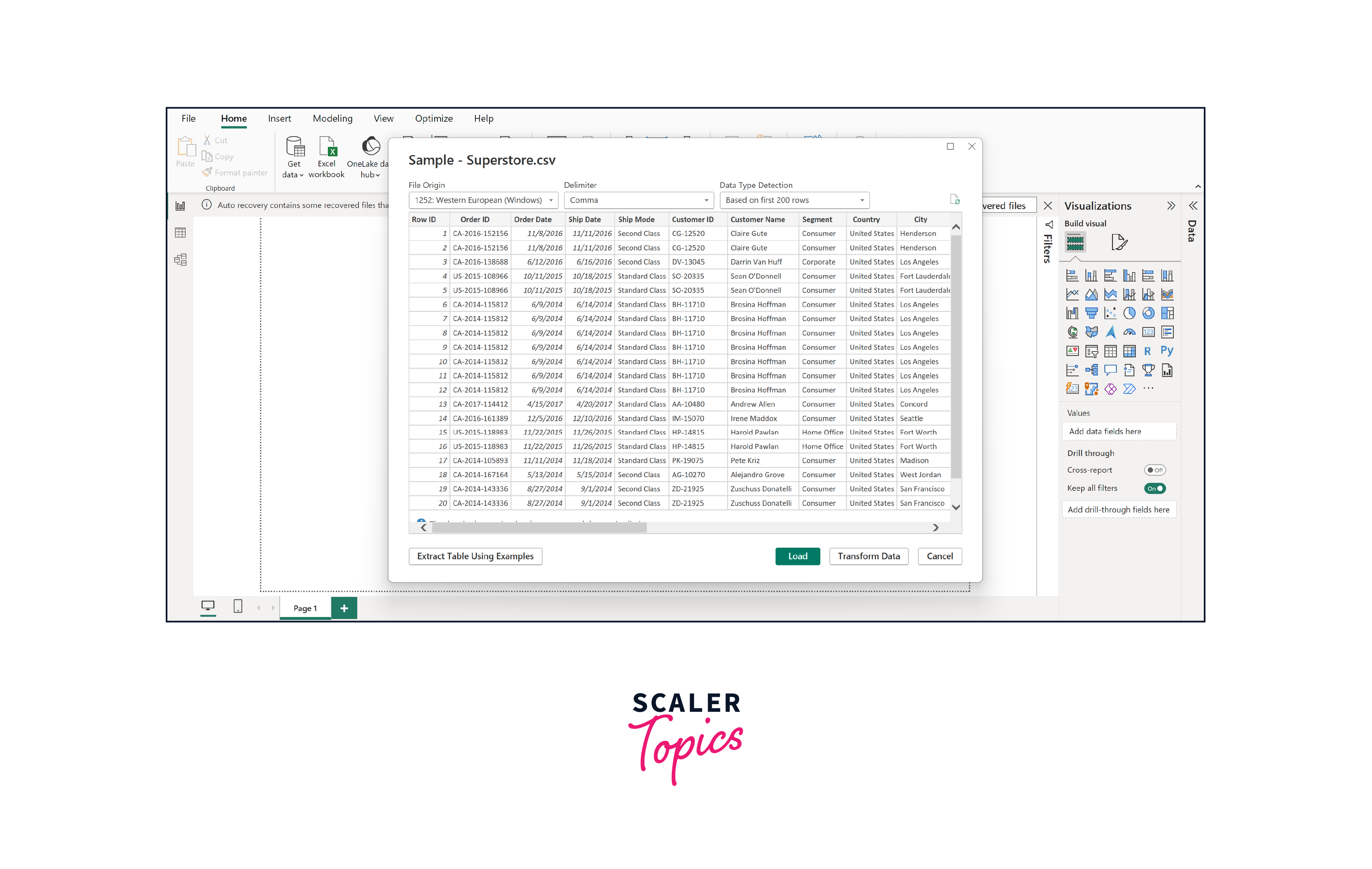 output importing data into power bi