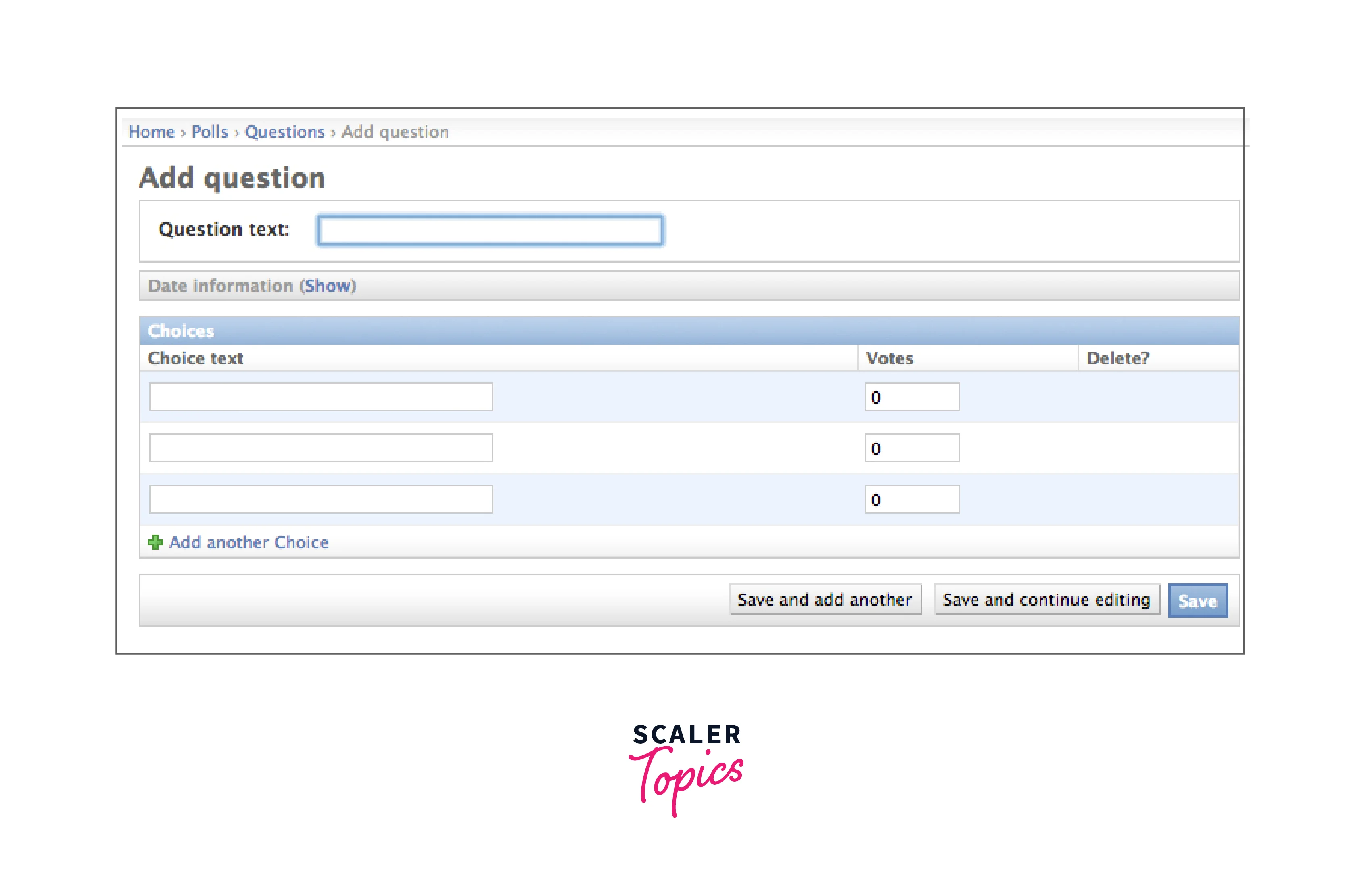 question admin page with the tabular form of the choices option