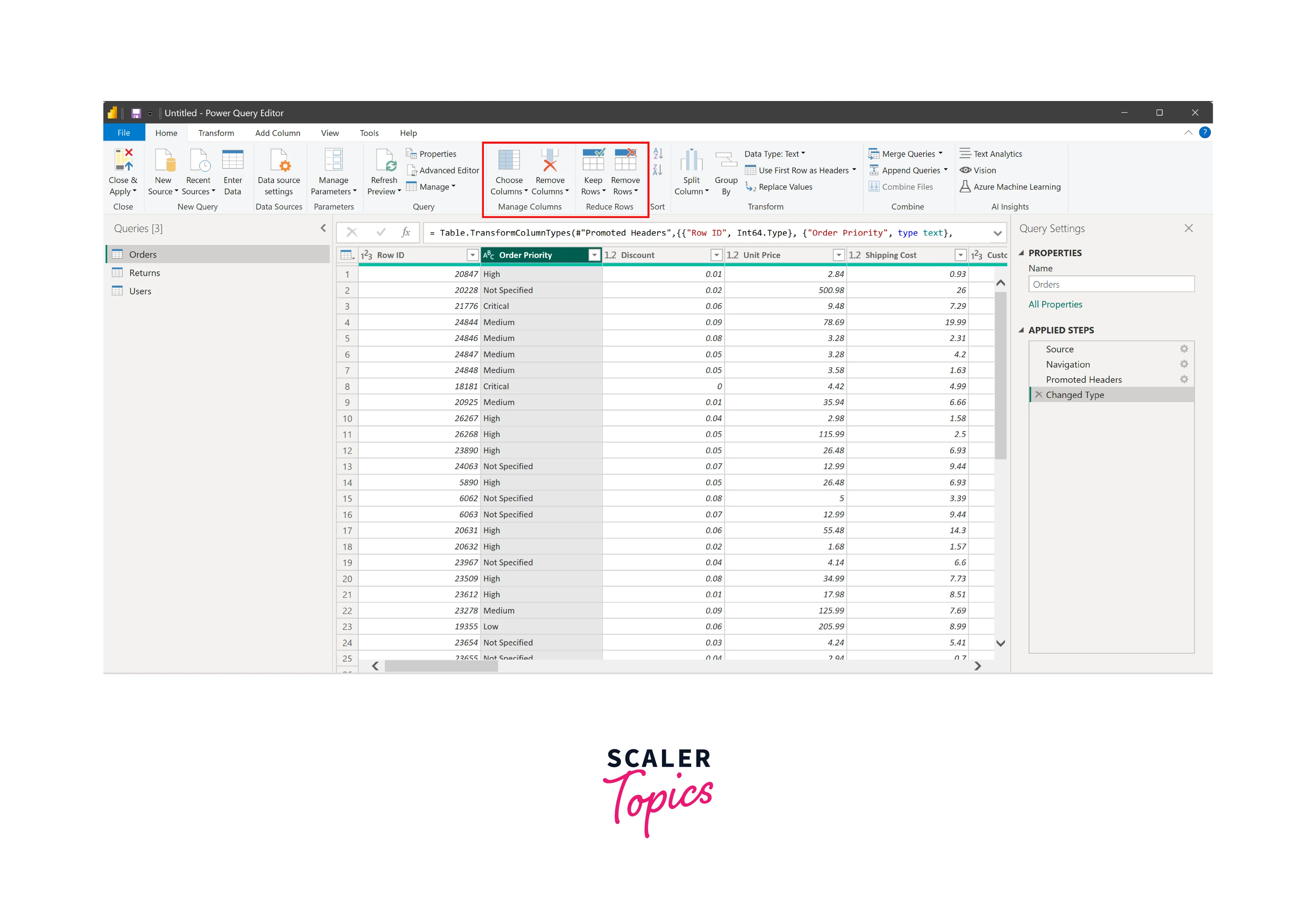 removing columns and rows in power bi
