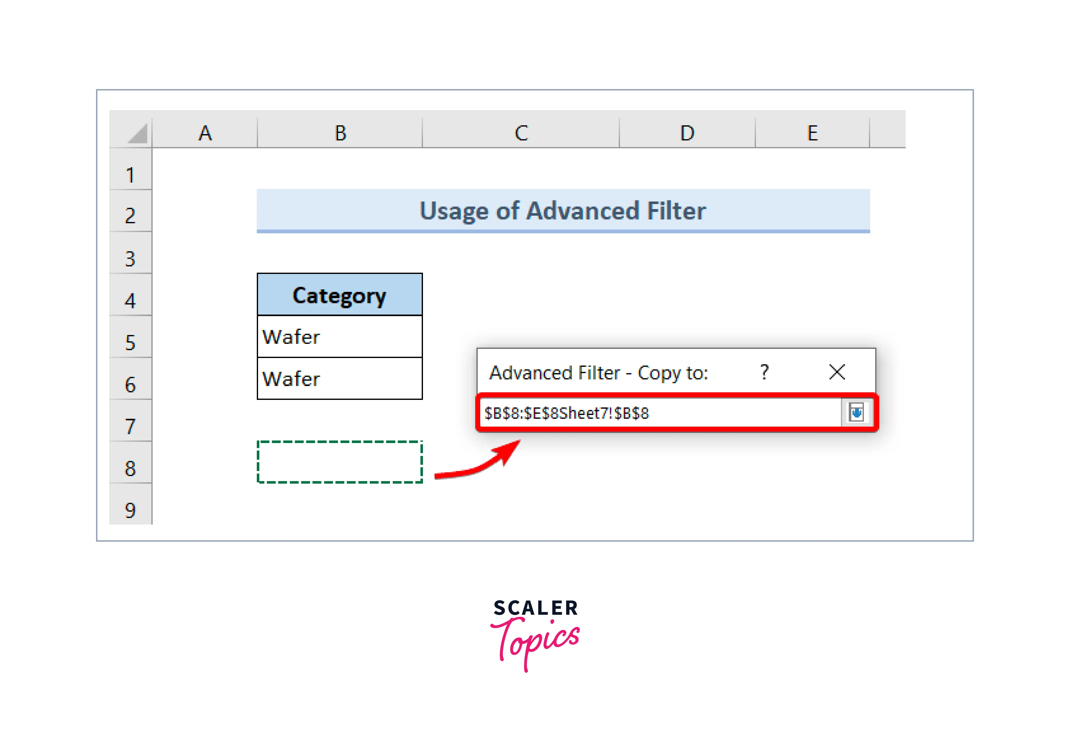 select a cell to store the filtered data