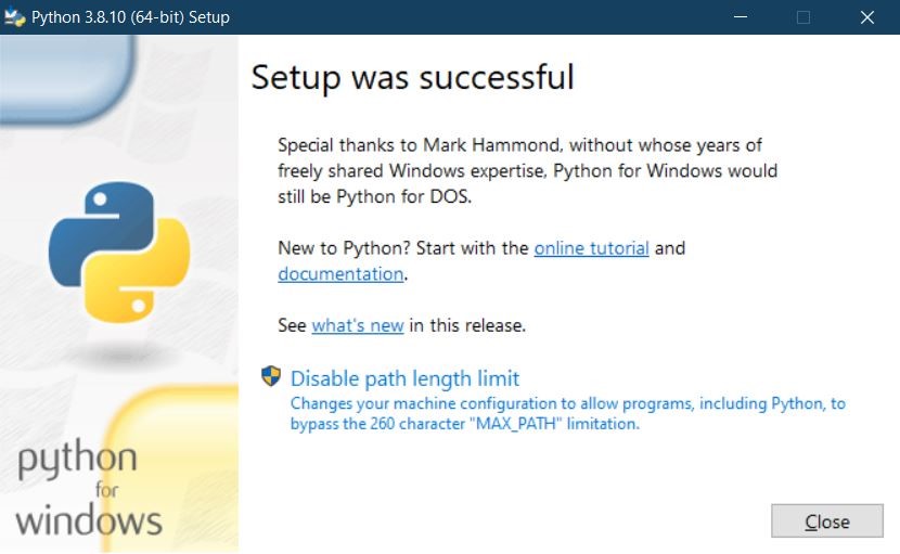 successful setup of Python for Windows