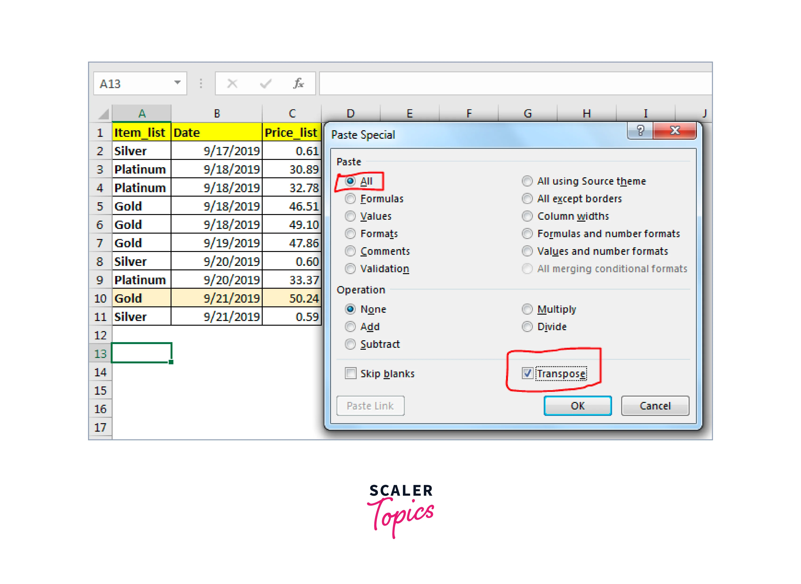 switch row and column data in excel